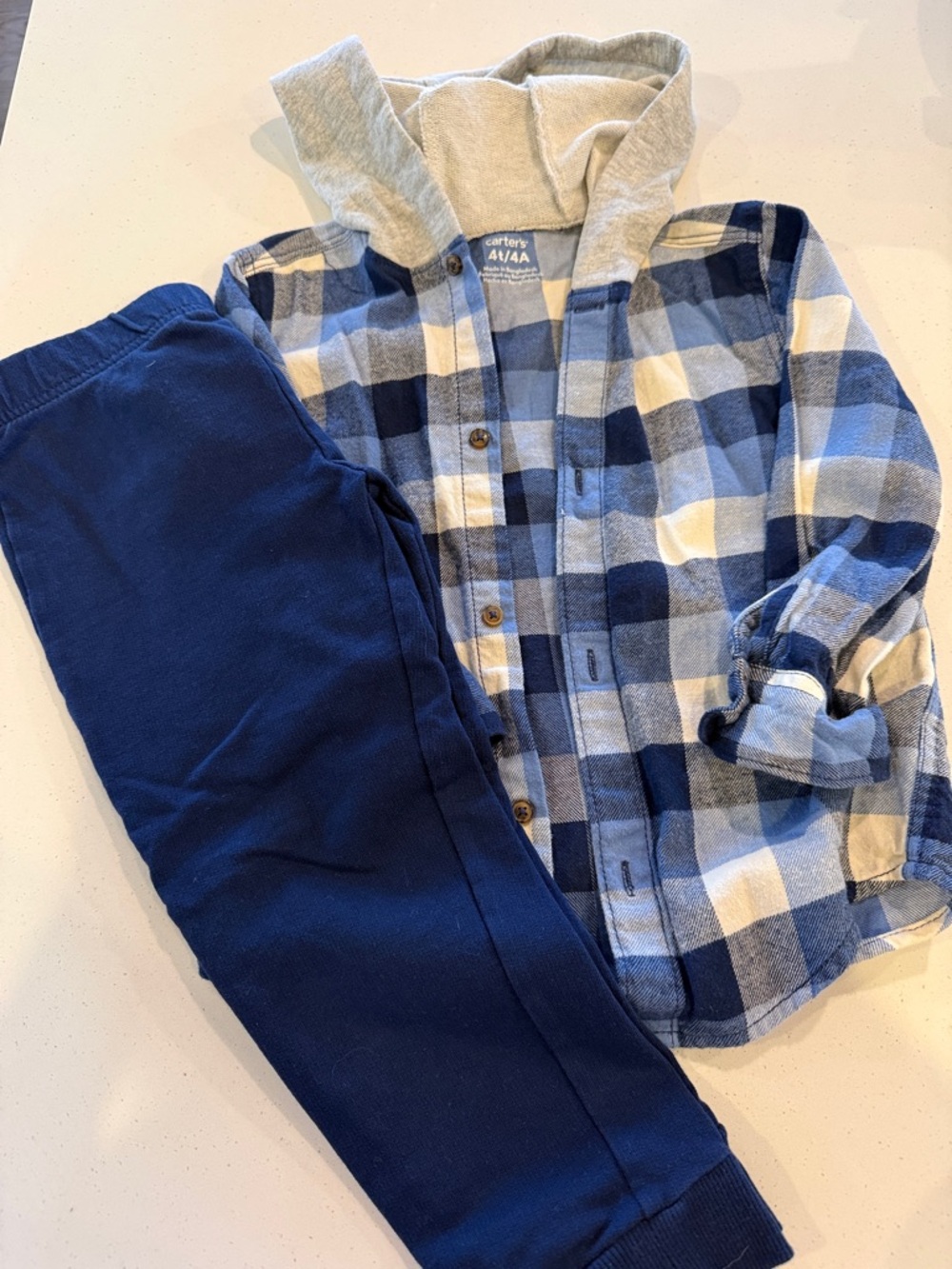 Carter's Blue and White Plaid Hooded Shirt with Navy Pants